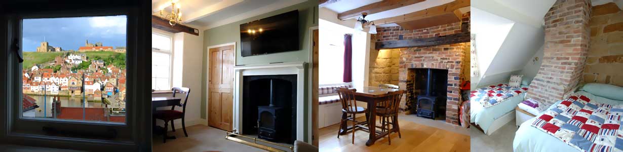 Views of the holiday cottage interior, one of the most historic cottages in Whitby showing period features and view of the abbey from the bathroom