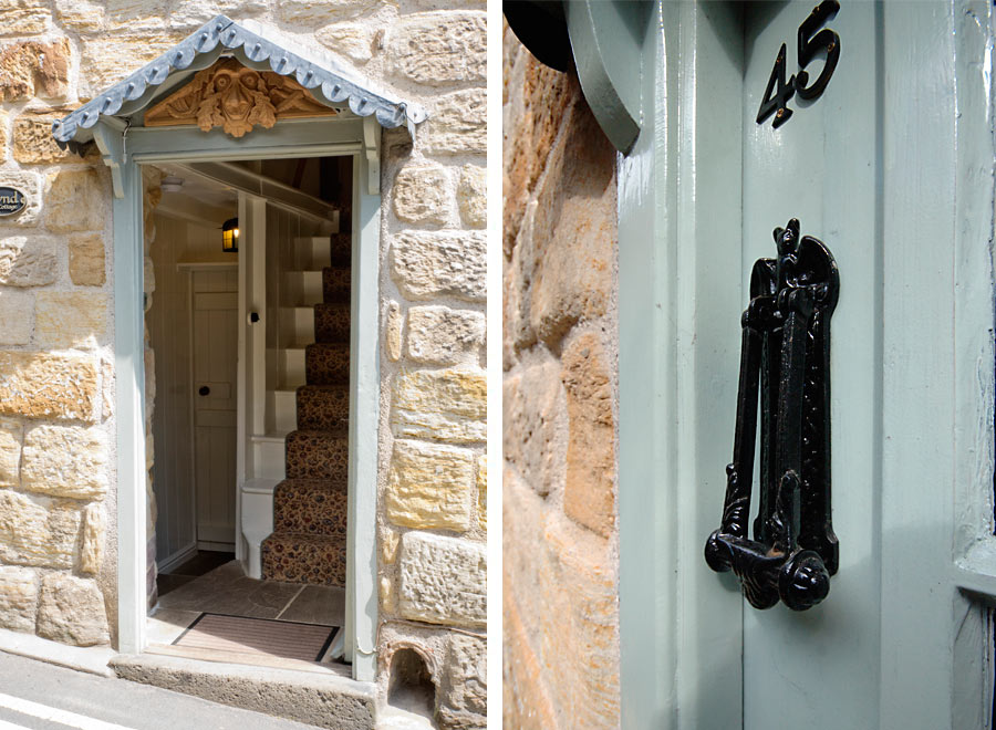 Front door to the self catering accomodation open showing the stairs and through to the dining room