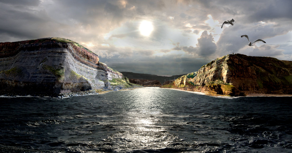 Artistic impression of the entrance to the Esk at Whitby midday summer solstice In the year A. D. 0