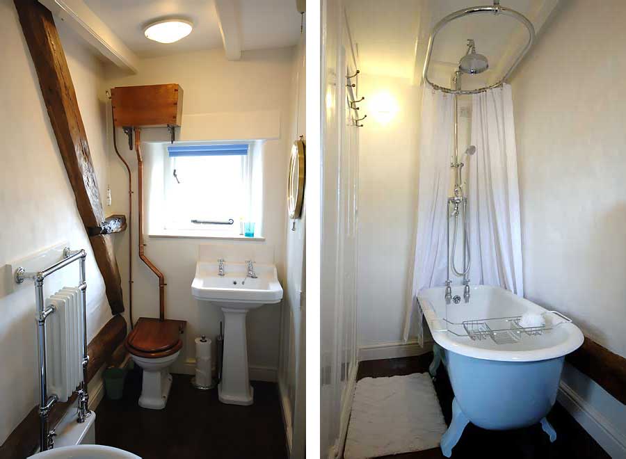 Bathroom victorian style suite and column radiator, cast iron roll top bath with shower over 