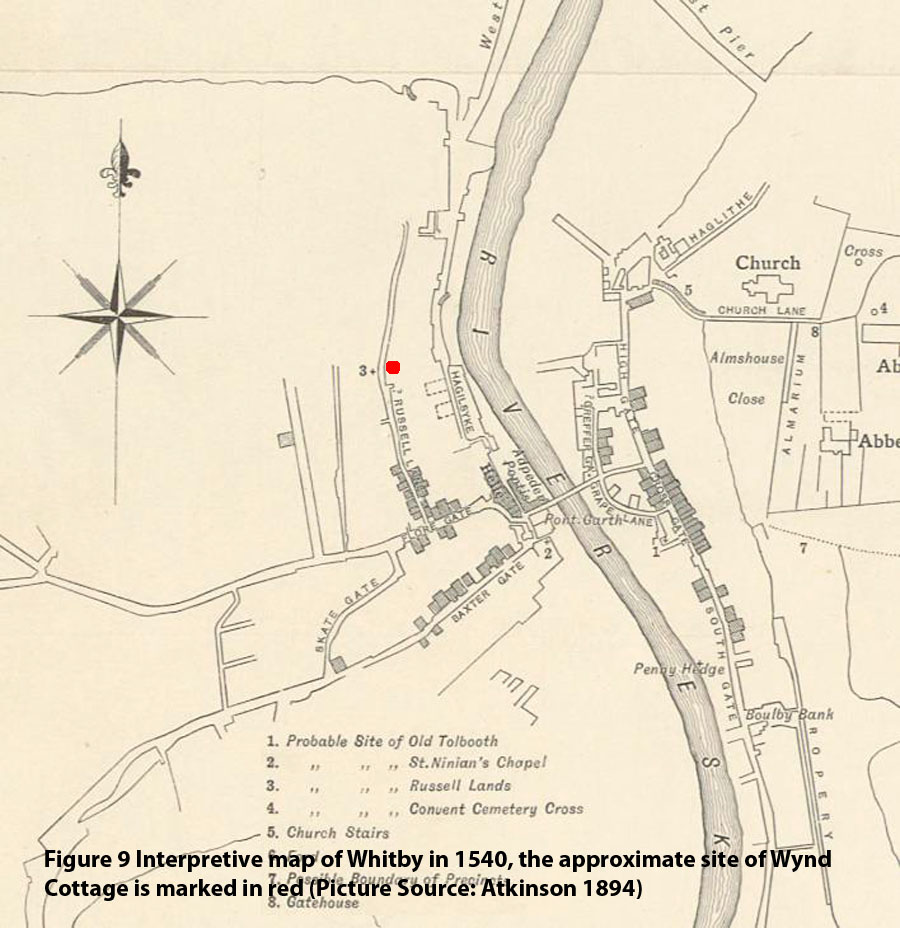Figure 9 Interpretive map of Whitby in 1540, the approximate site of Wynd Cottage is marked in red (Picture Source: Atkinson 1894)