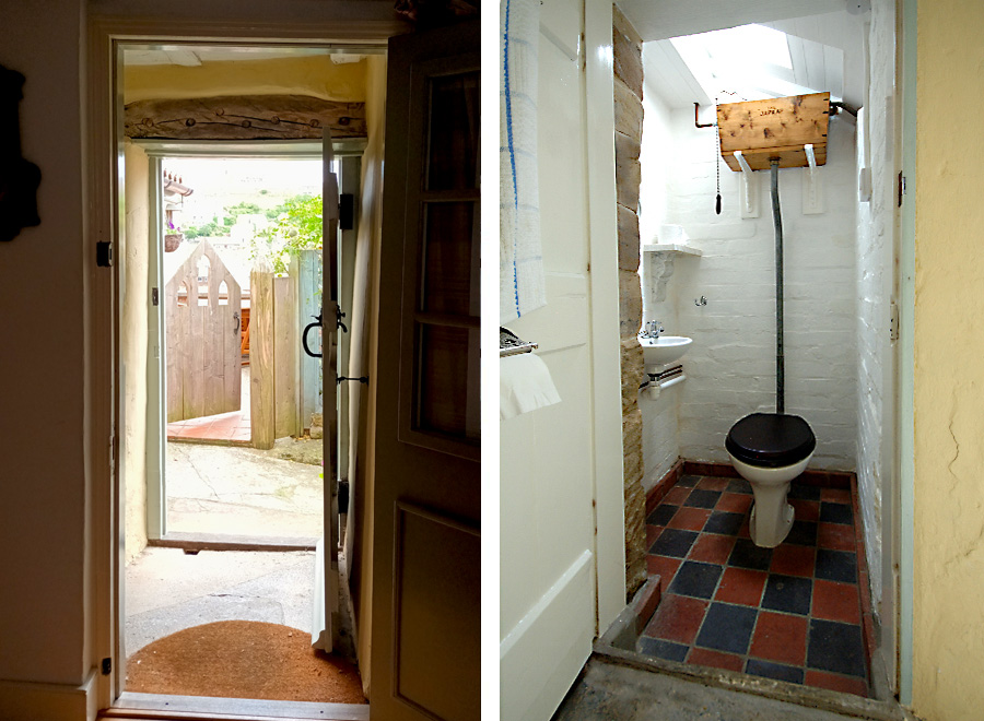 Dining room, back door open view through to open passageway door to terace gate and view of the Abbey beyond. Also the outside privy with original high flush cistern, red and black quarry tiled floor