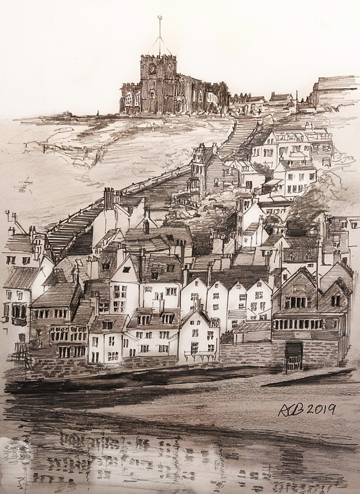 Pencil sketch of the church steps draw from the living room at this holiday cottage