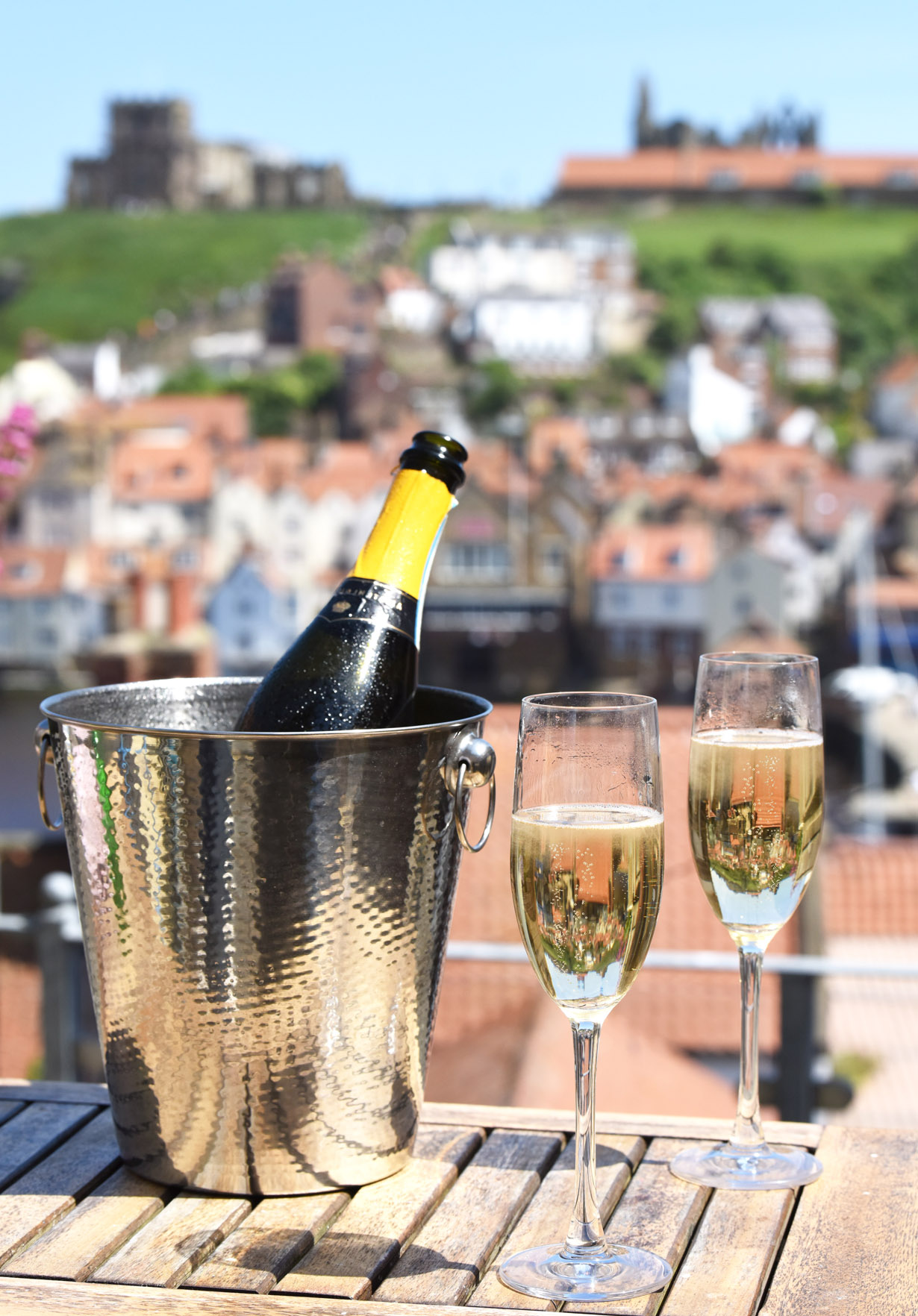 Celebrating with champgne on the terrace of the cottage